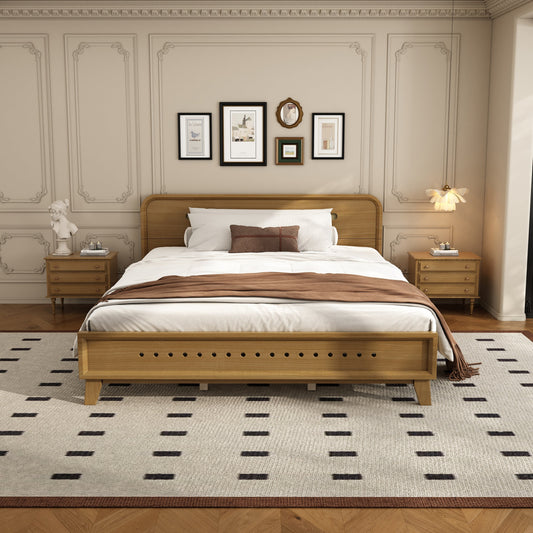 PINE SOLID WOOD QUEEN SIZE BED, SOLID AND STABLE, NO BOX SPRING NEEDED, RUSTIC YELLOW COLOR