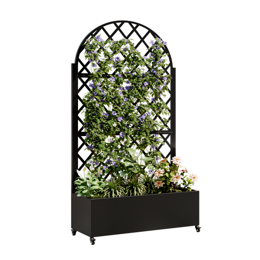 round Metal Planter Box with Trellis Raised Garden Bed with 4 wheelsTrellis & Privacy Screen for Climbing Plants, Vegetables, Vines