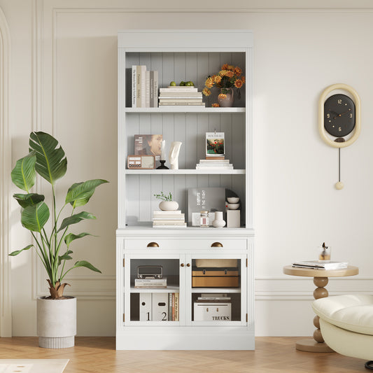 83.4'Tall Bookshelf, Modern Bookcase with 2 Glass Doors and 1 Drawer,Storage Bookcase with Open Shelves for Living Room,Home Office,White