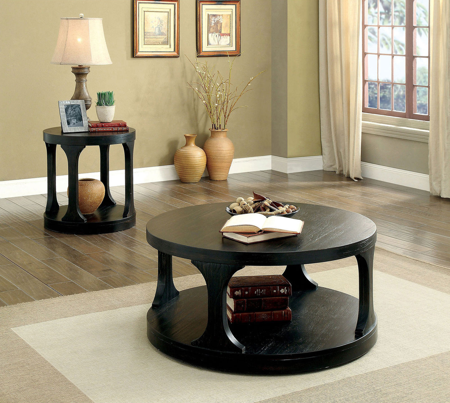 Transitional Style Antique Black Finish Bold Round Structure End Table With Extra Storage Shelf I Designed Legs Coffee Table-Not Included
