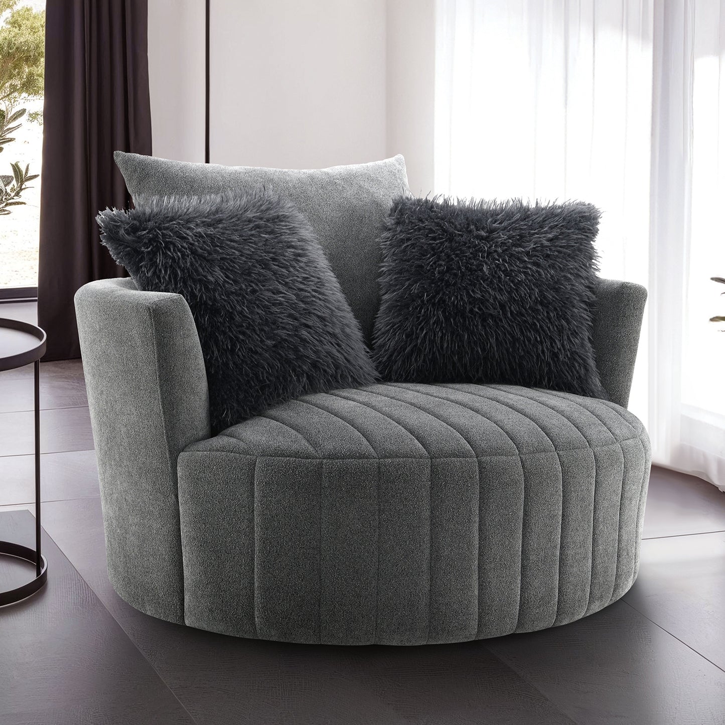 Transitional Style 1pc Channel Tufted Swivel Round Chair Scattered Back Pillow Dark Gray Finish Primary living Room Accent Chair