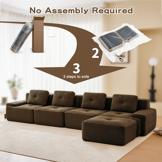 153' Modern L-Shaped Modular Sectional Sofa for Living Room, Corduroy Fabric, 4-Seater Couch with Deep Seat and Movable Ottoman, Pearl-like piping, Tufted Design, No Assembly, Anti-slip Design,Brown Sectional Sofa