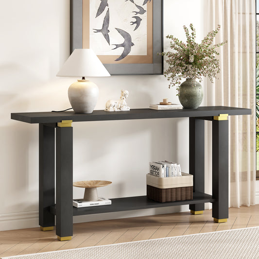 U_Style 62.9' Modern Minimalist Console Table, Solid Wood Entryway Sofa Table with Metal Accents, Built-in Shelf, for Living Room, Hallway (3 Colors: Black, Gray, Natural)
