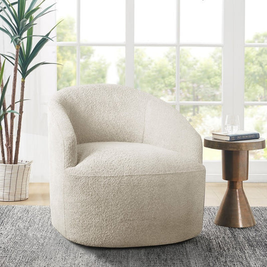Modern Upholstered 360 Degree Swivel Chair in Cream with Solid Wood Frame and Metal Base Accent Chair