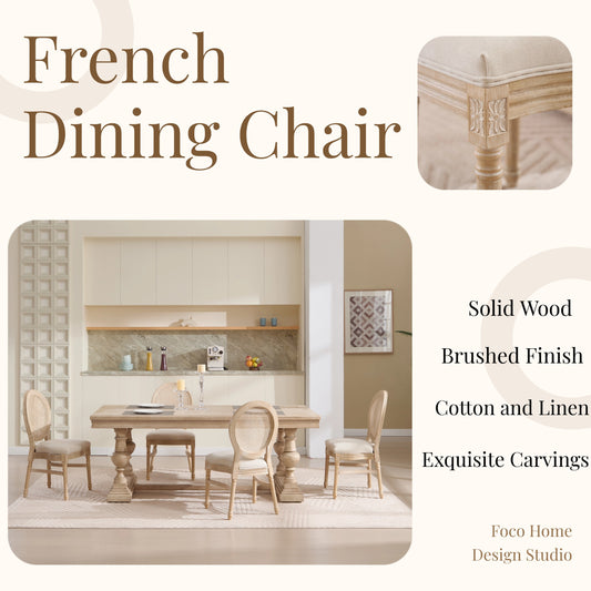 French Country Dining Chairs Set of 2, Upholstered Chairs with Nature Rattan Round Back, Wire drawing and carving techniques ,Disassemblable and Stackable, for Living Room, Kitchen , Restaurant Use