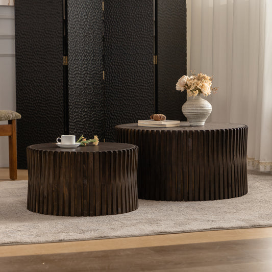 Vintage Fashion Style Cylindrical Nesting Coffee Table Set with Vertical Textured Embossed Design for Living Room, Office and Dining Room, Dark Brown (Set of 2)