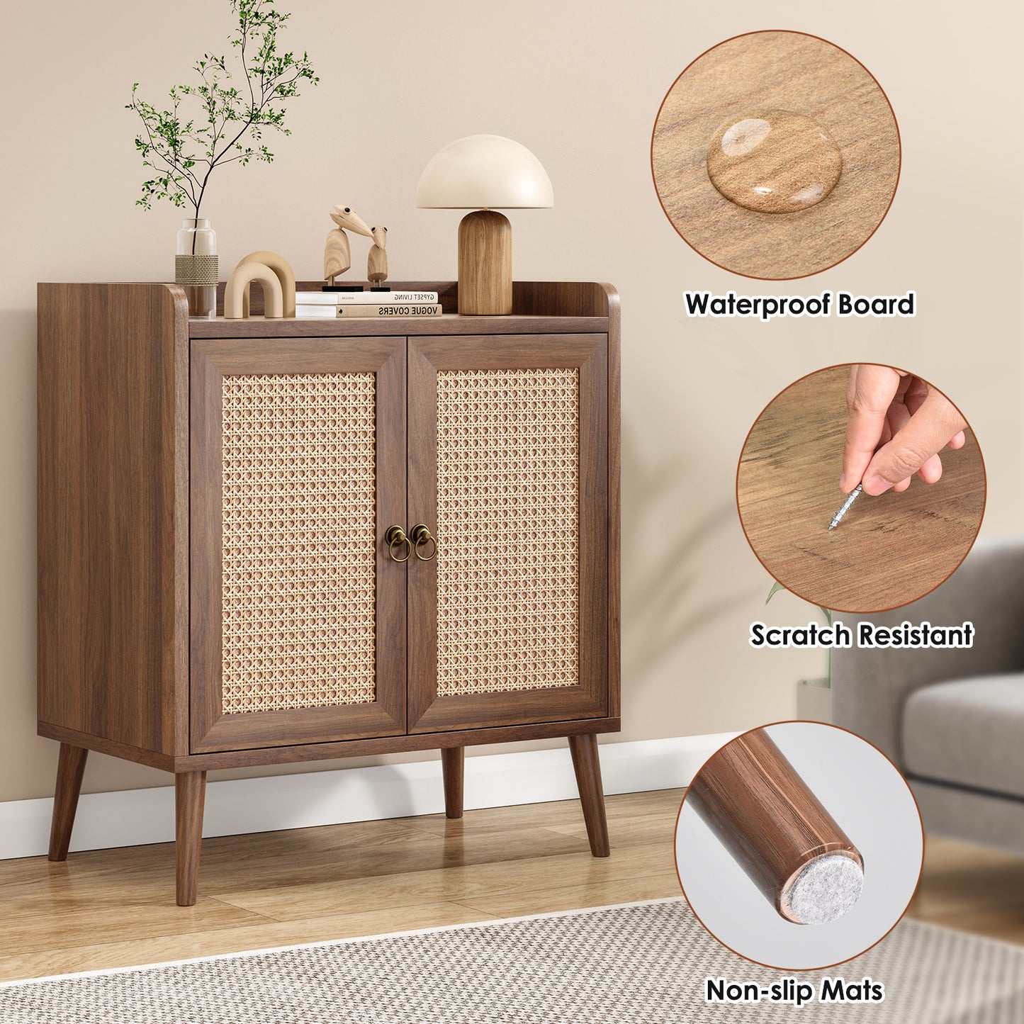 Sideboard Buffet Cabinet with Storage, Bar Liquor Cabinet with Rattan Decorated Doors, Credenza Console Tablefor Dining Room, Living Room,Hallway