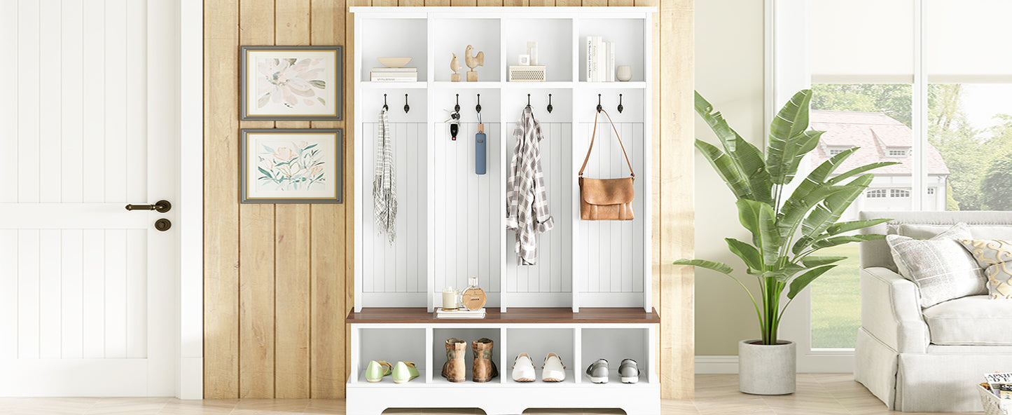 ON-TREND Farmhouse 59'W Wide Hall Tree with 8 Hooks, Practical Entryway Bench with Open Compartments, 76.7'H Modern 3-in-1 Wooden Style Coat and Shoe Rack for Mudroom, Living Room, White