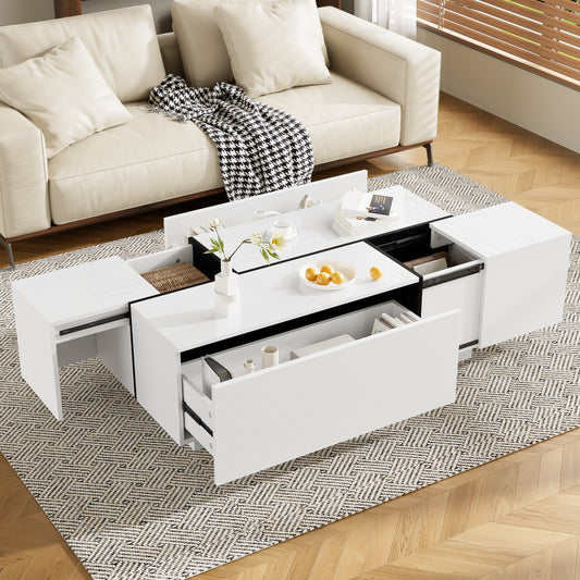 U-Can 47.2''-72.7'' Extendable Coffee Table, Multi-Functional Coffee Table with High-Gloss Finish, Coffee Table with 2 Hidden Storage Space and 2 Drawers for Living Room