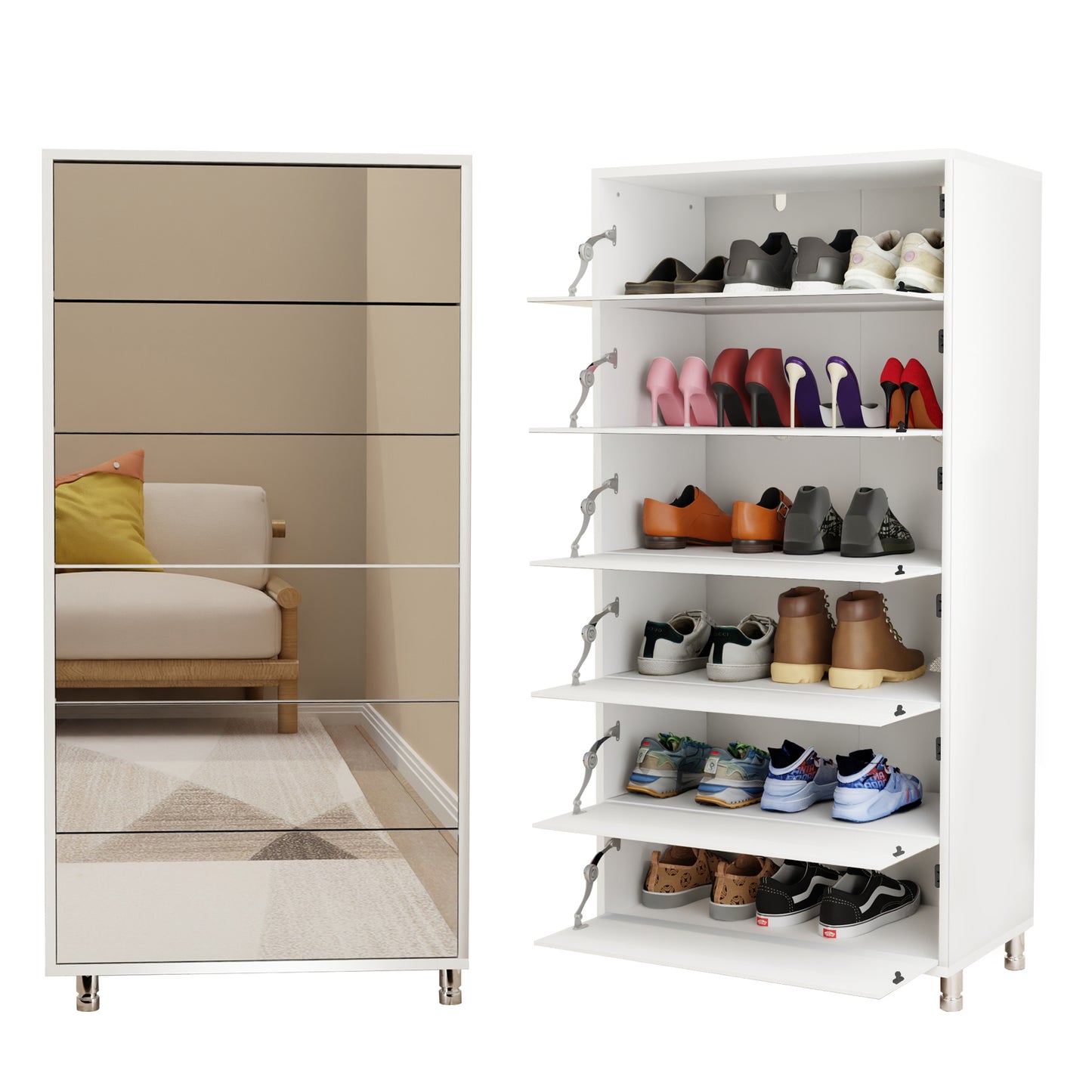 Mirror Shoe Cabinet With 6 Flip Drawers, Mirror Shoe Rack Organizer Store Ample Shoes, Mirror Shoe Storage With 4 Metal Legs, Door Opening Using Hand-Touch Flip-Out Door, White Shoe Storage