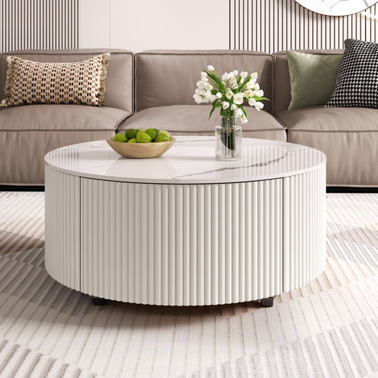 Modern Round Movable Coffee Table with Casters, 2 Drawers, Marble Pattern Sintered Stone Top, White, 29.5' Coffee Table
