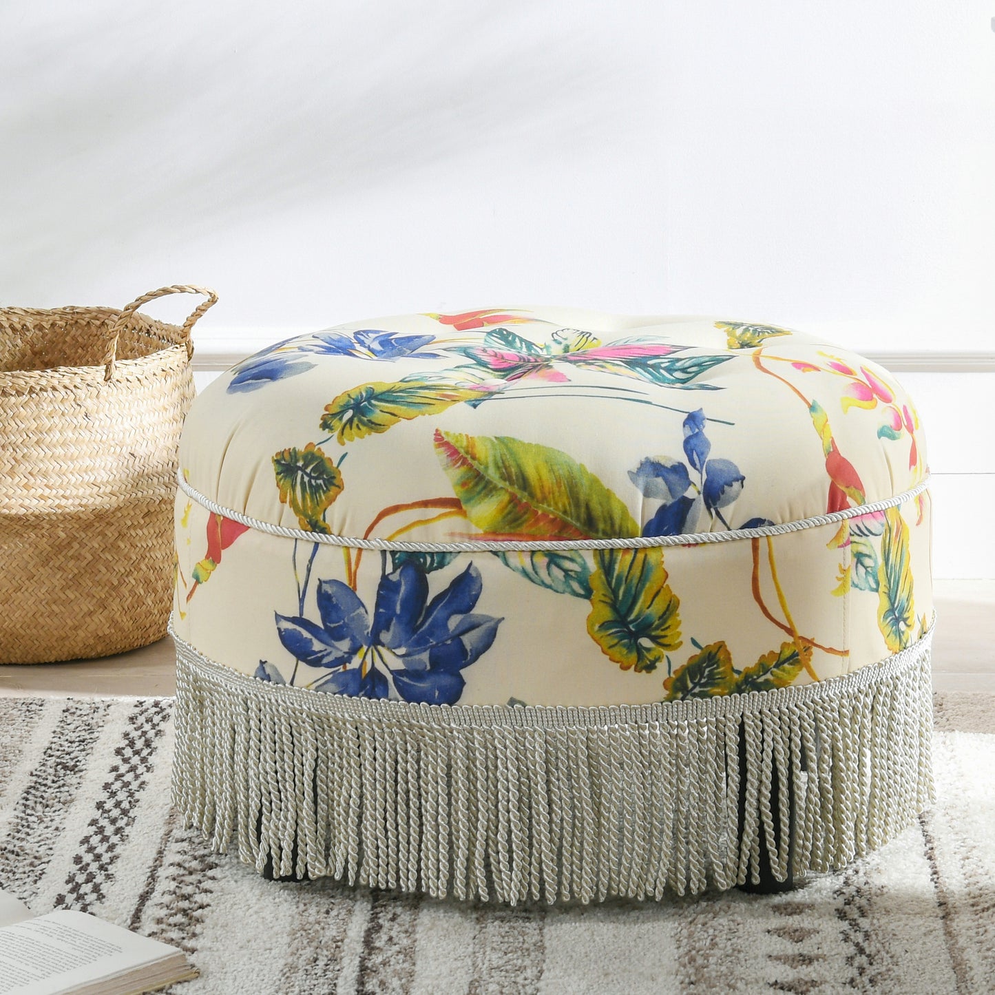 Yolanda 24' Round Upholstered Accent Ottoman, Beige & Tropical Floral with Ivory Trim