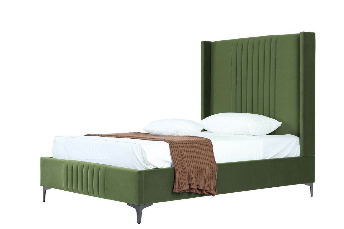 Moss Green 48' Velvet Bed partially made with white bedding and brown throw, highlighting plush velvet and tapered legs.