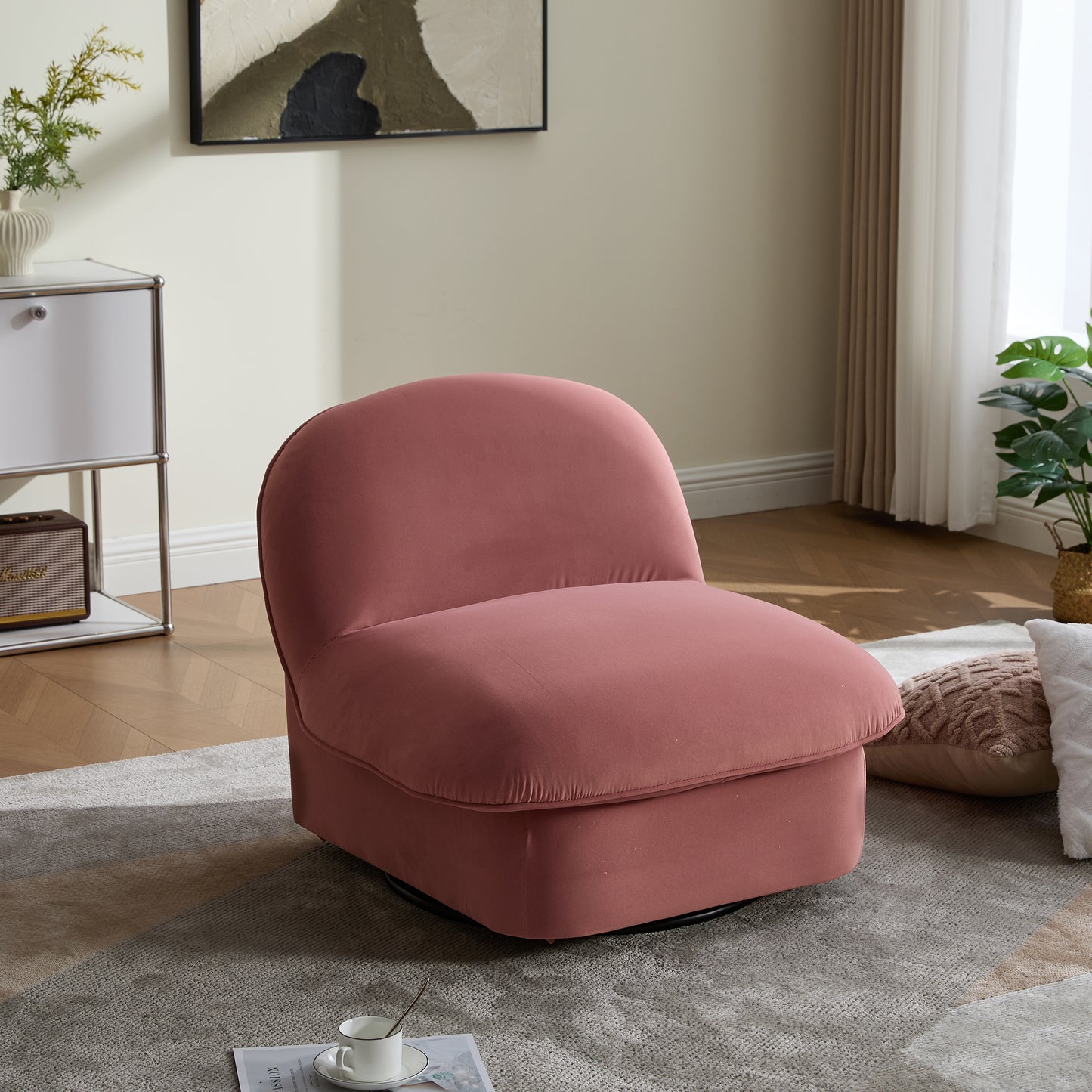 Velvet Swivel Accent Chair with 360-degree metal base in rose pink, featuring plush pumpkin-shaped design for modern living room or bedroom decor.