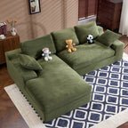 Top view of green corduroy sofa with L-shape layout and plush cushions. Ideal for compact and cozy living room setups.