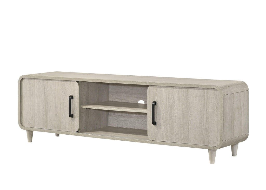 Mid-Century TV Stand with Sliding Doors & Tapered Legs.