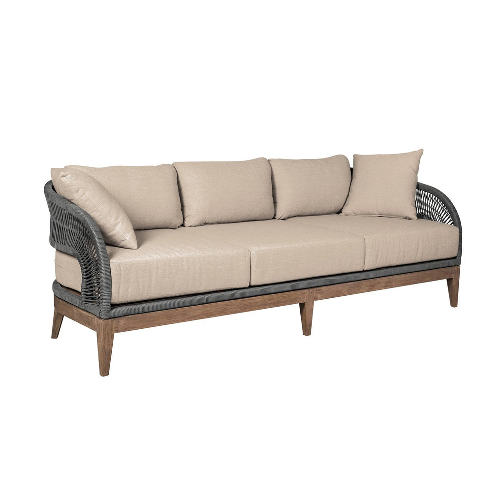 Outdoor Patio Sofa in Weathered Eucalyptus Wood.