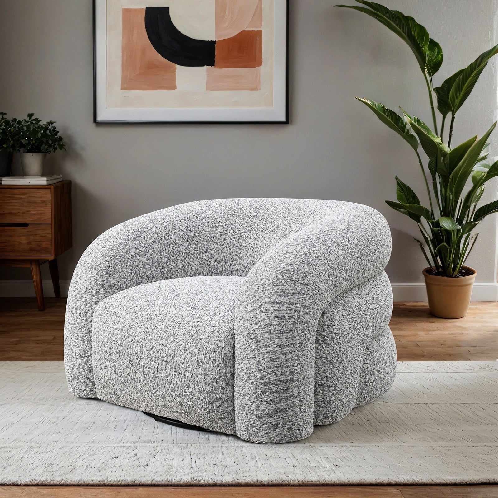 Swivel Chair Gray - Contemporary Style placed in a stylish living room with plants and abstract wall art, offering 360° comfort.