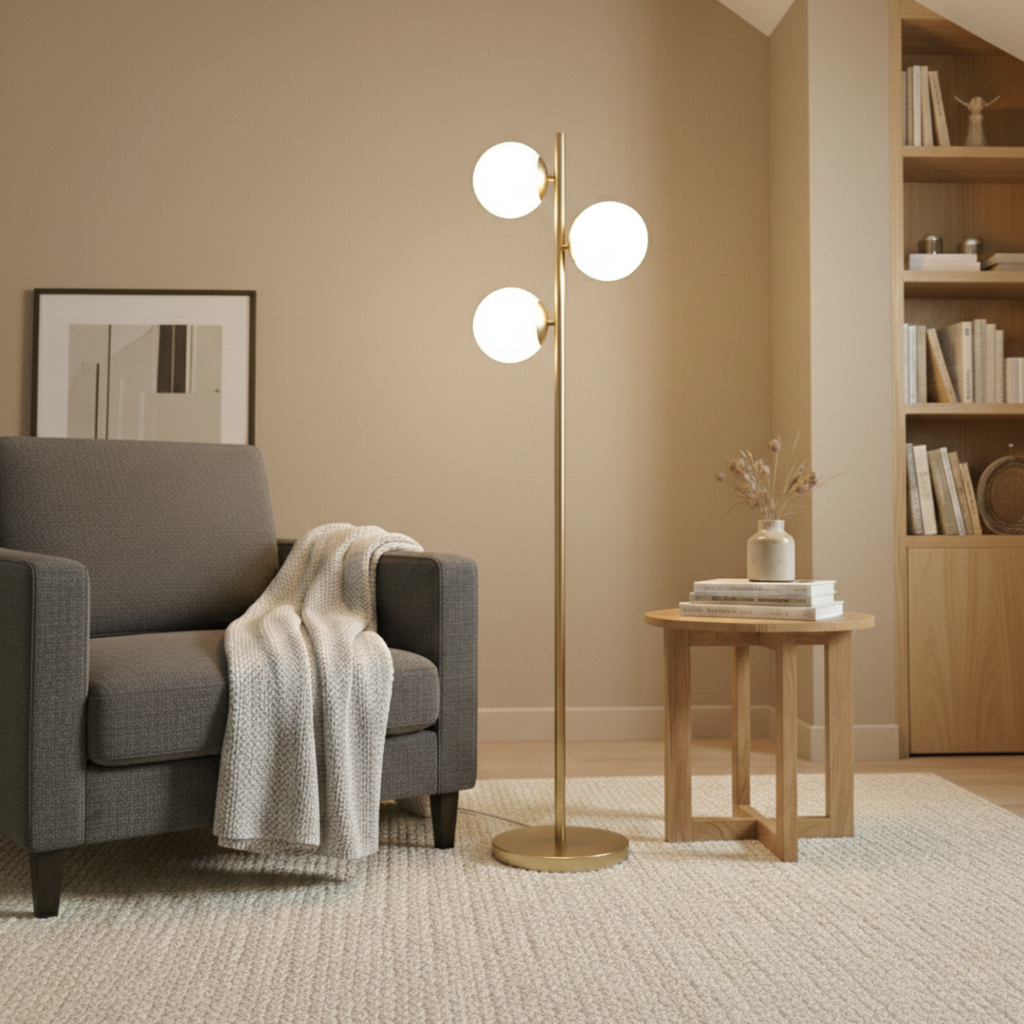 Modern gold floor lamp with three spherical opal glass shades, standing on a round metal base in a cozy living room.