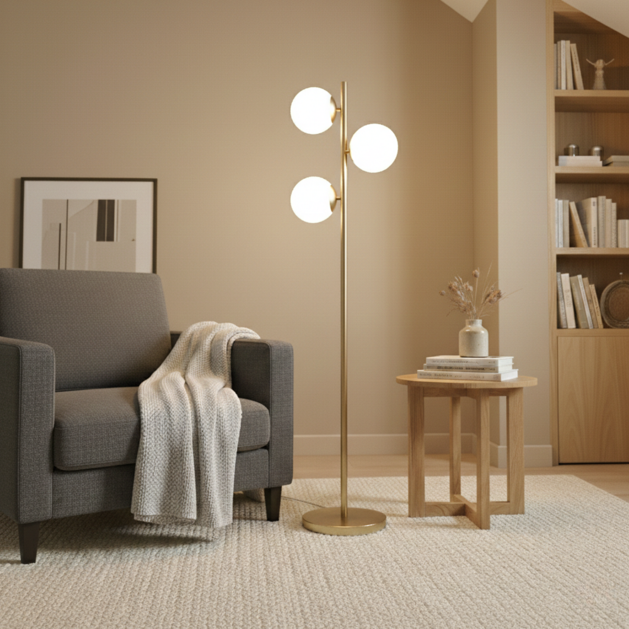 Modern gold floor lamp with three spherical opal glass shades, standing on a round metal base in a cozy living room.