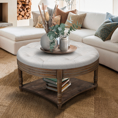 Large Round WaterProof Ottoman Coffee Table 2 Tier Oversized Button Tufted Ottoman with Wooden Shelf Storage Farmhouse Upholstered Coffee Table Living Room Footstool Ottoman Linen(Light Gray).