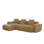 Angled view of Velvet L Shape Modular Sectional Sofa with Ottoman & Pillows, showing soft velvet texture and deep seating.