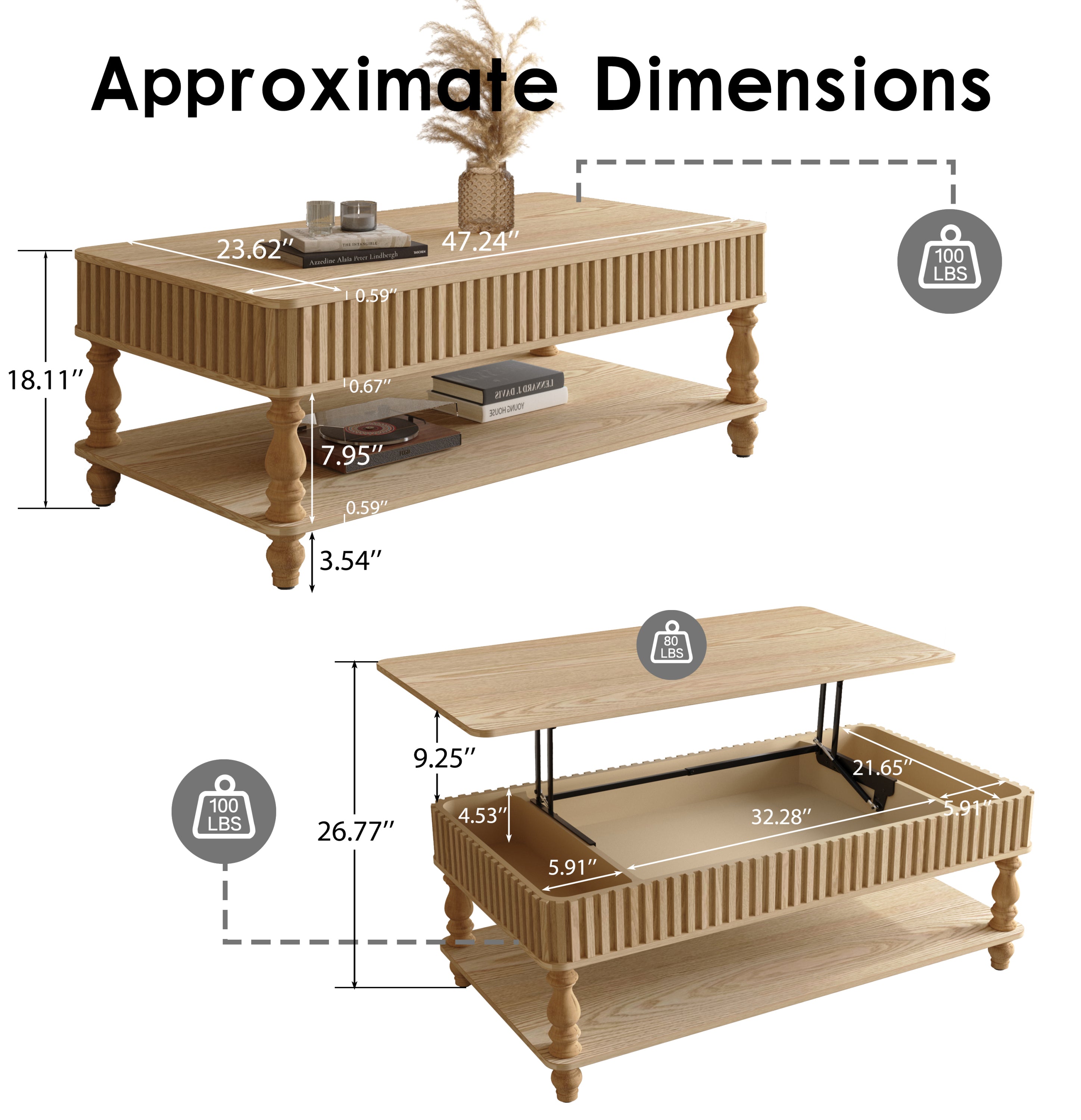 Dimension chart of lift top coffee table with measurements for height, width, and storage capacity, ideal for small spaces.