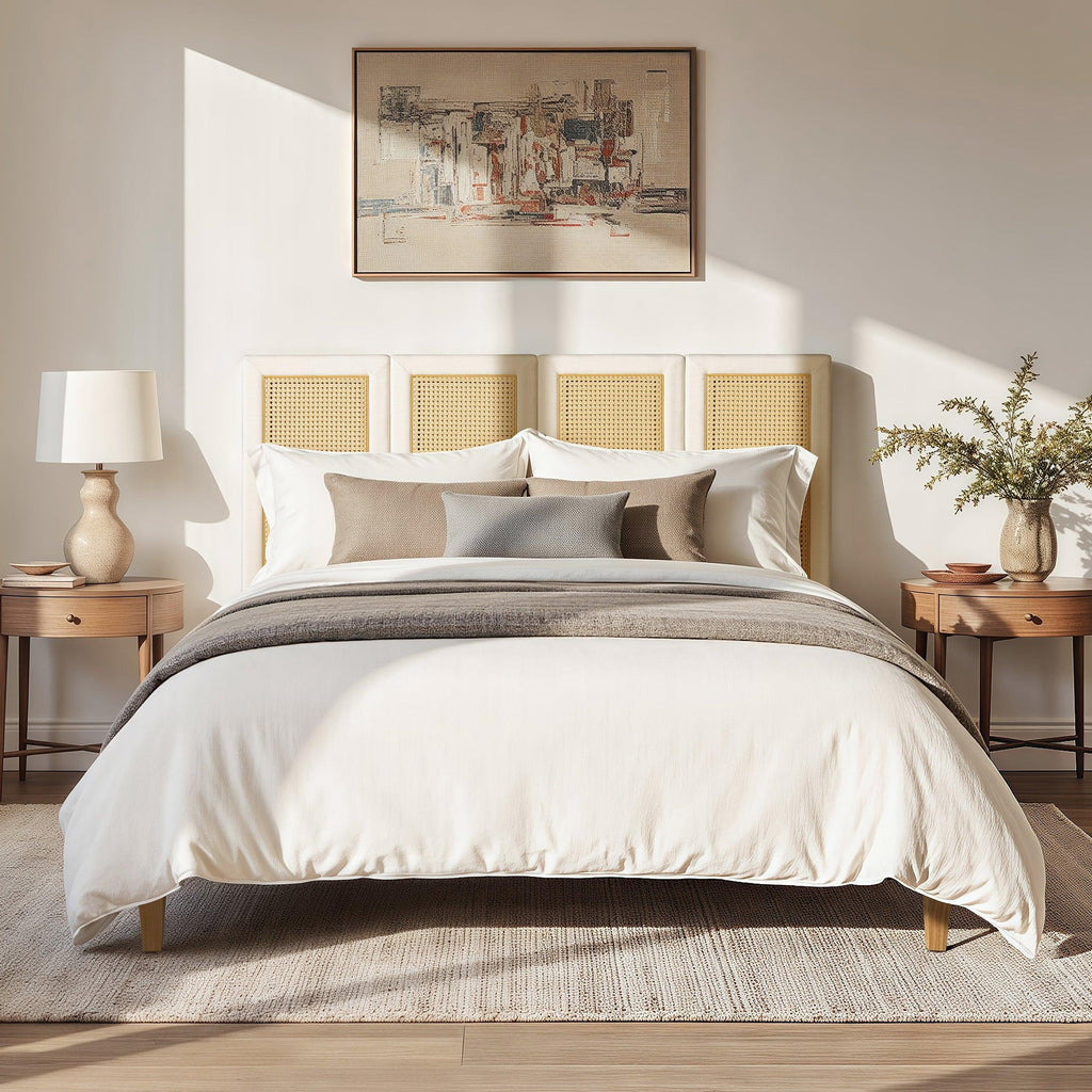 Upholstered Cane Bed Queen - Antique White Platform Bed.