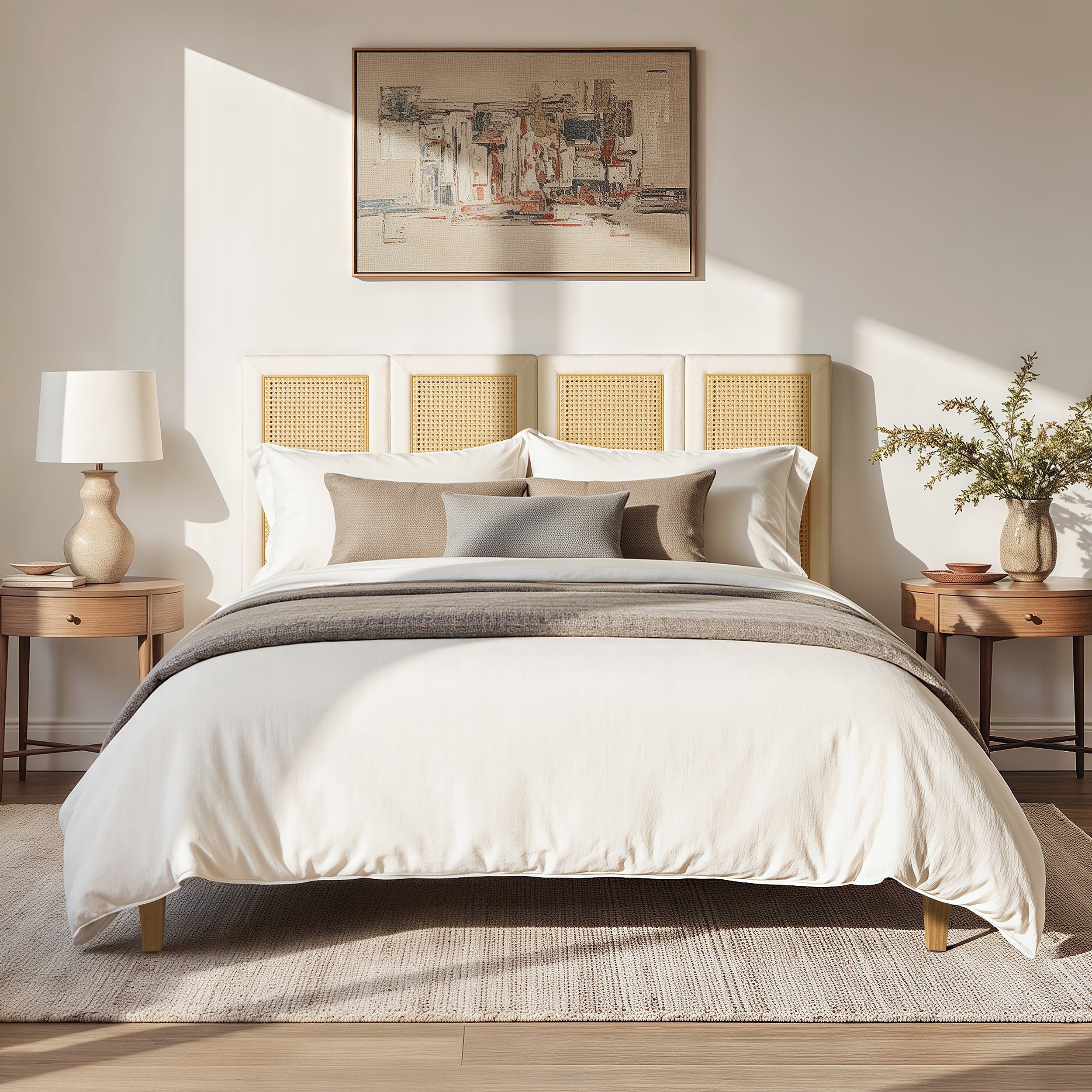 Antique white Queen Upholstered Cane Bed with rattan headboard, shown in a sunlit bedroom with minimalist furniture and soft bedding.