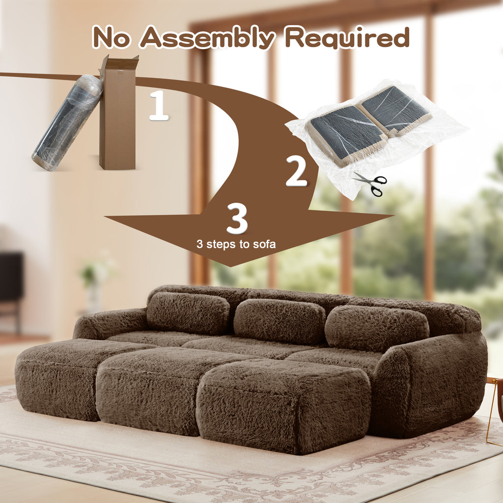 No assembly required for chocolate modular sofa, shown in 3-step setup process for quick and easy installation.