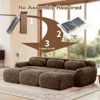 No assembly required for chocolate modular sofa, shown in 3-step setup process for quick and easy installation.