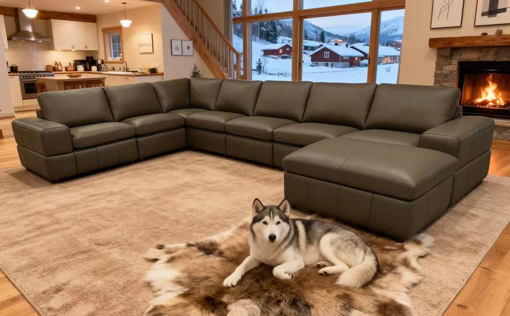 Olive Green Leather Match 8-Seater Modular Sectional with Square Arms