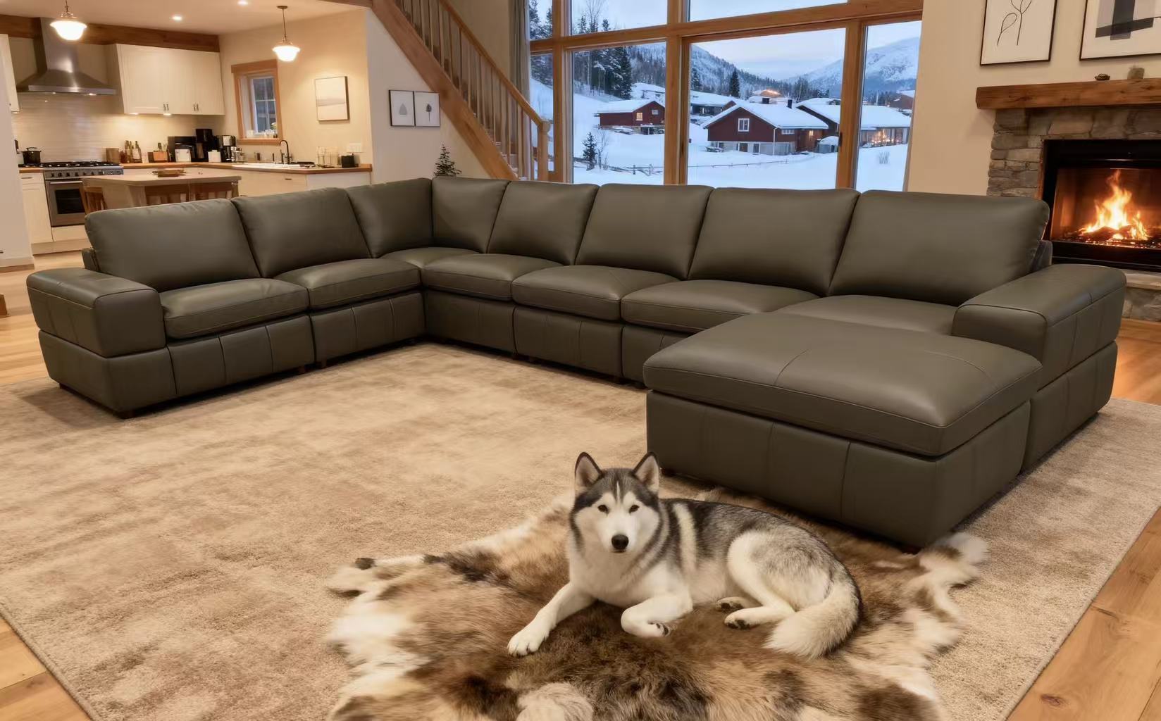 Olive Green Leather Match 8-Seater Modular Sectional with Square Arms