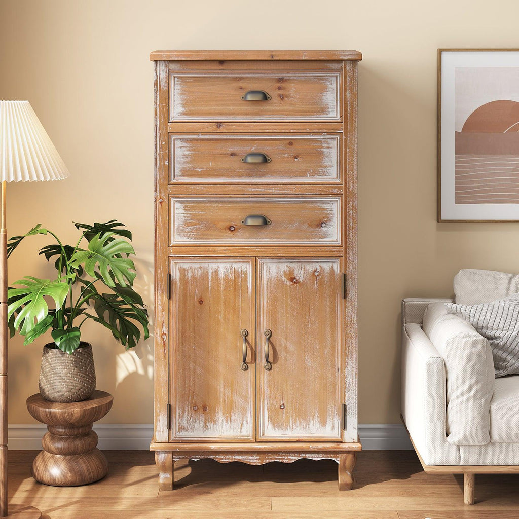 Rustic Wooden Storage Cabinet - Narrow Organizer with Drawers.