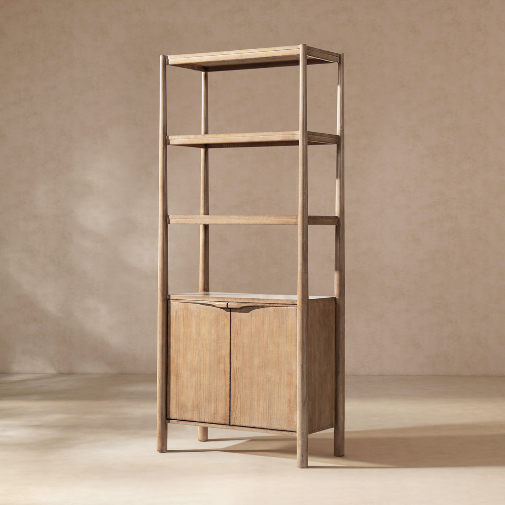 Tall antique natural reclaimed pine bookshelf featuring three open upper shelves and a two-door lower storage cabinet.