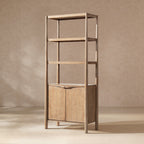 Tall antique natural reclaimed pine bookshelf featuring three open upper shelves and a two-door lower storage cabinet.