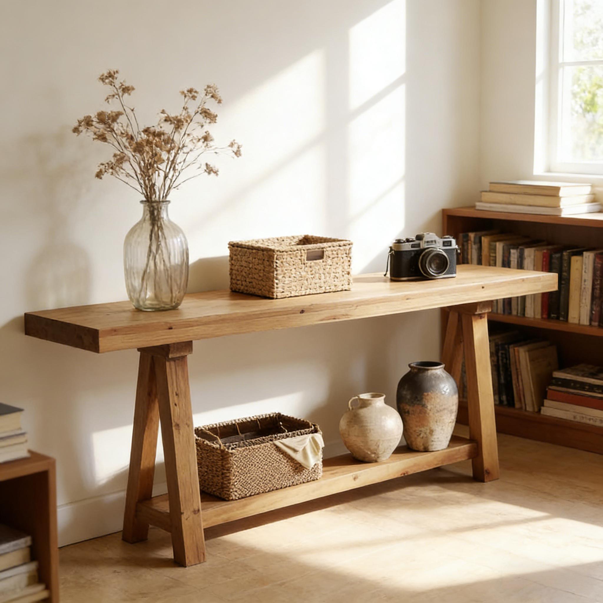Natural wood console table with trestle base, lower shelf, and rustic finish in a bright, sunlit entryway setting.