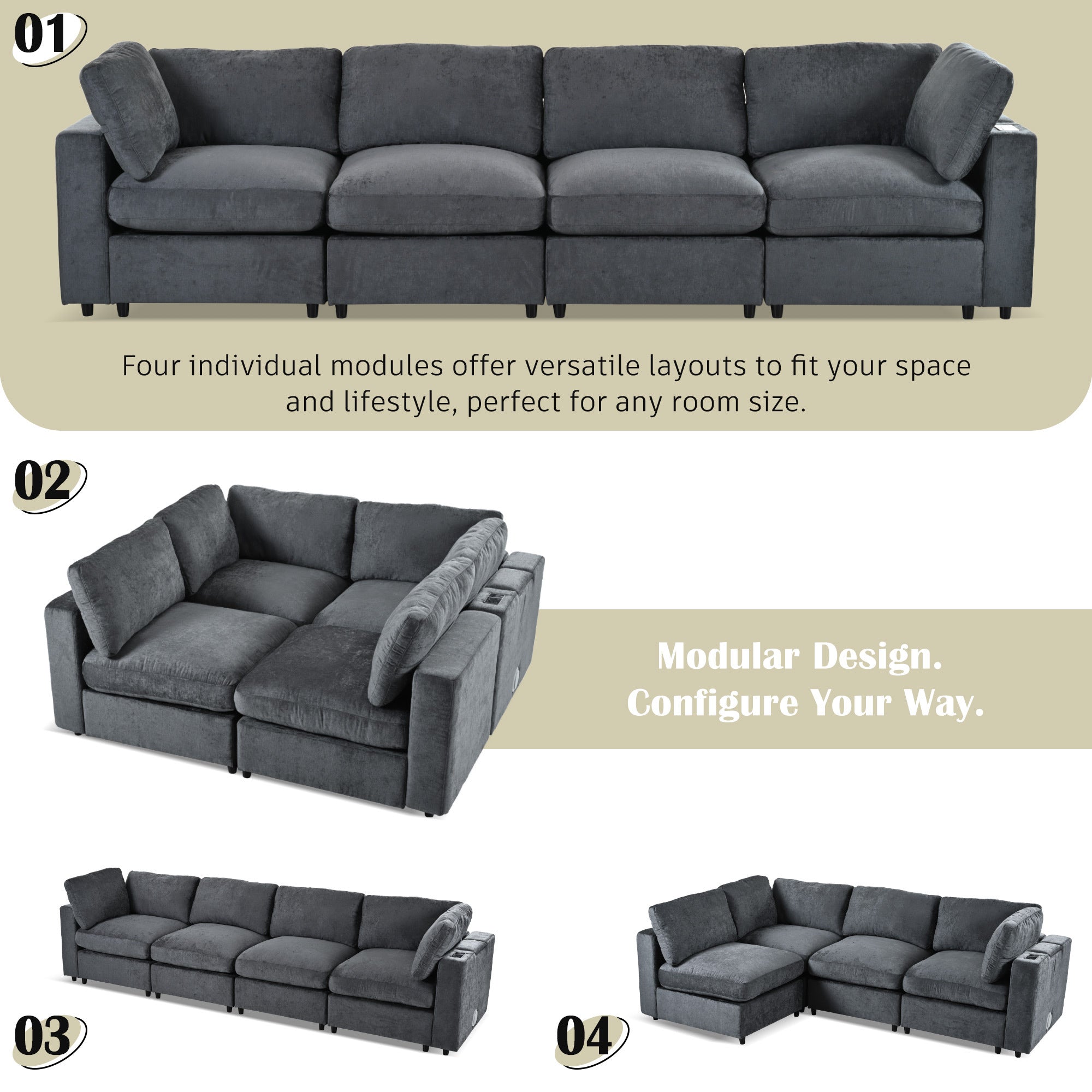 Four-layout modular sofa with storage and charging, showcasing versatile configurations for any room size or style.