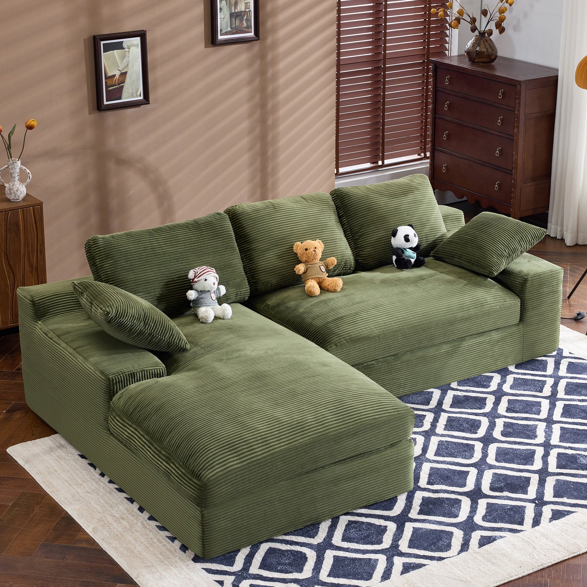 Green Corduroy Sofa - Plush Comfort | 4 Seat Modern Design with chaise lounge, 3 back cushions, and 2 pillows in cozy living room setup.