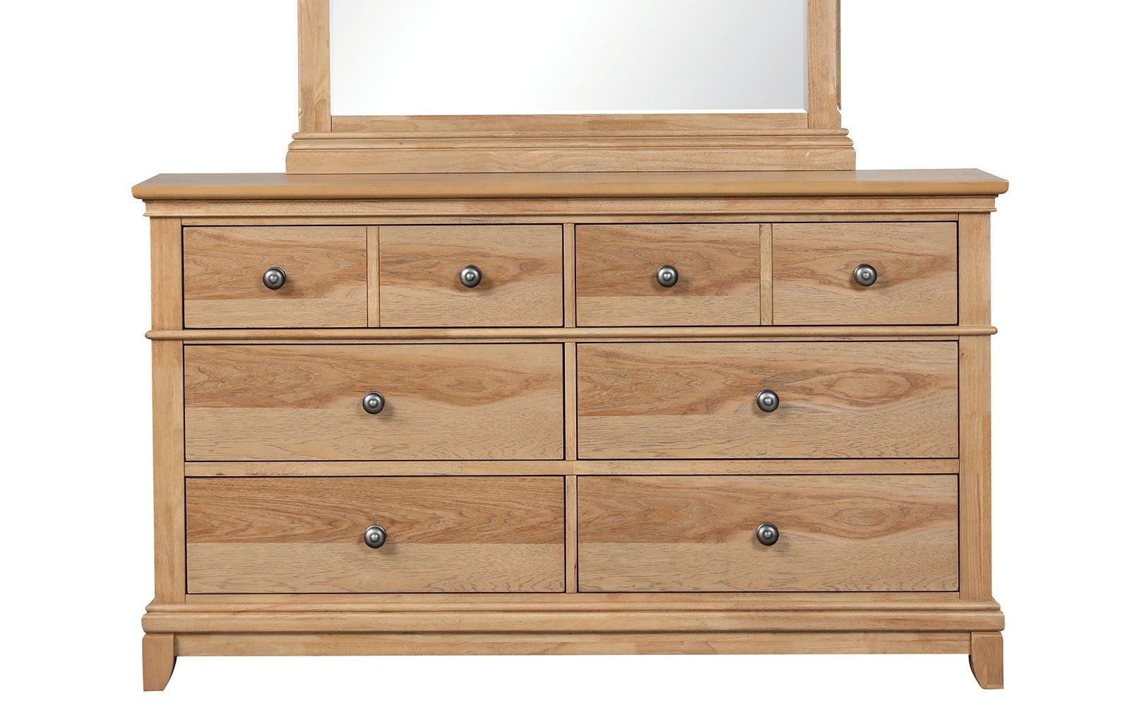 Natural Oak Storage Dresser with 8 drawers in rubberwood and pecan veneer, ideal for bedroom furniture with classic metal knobs.