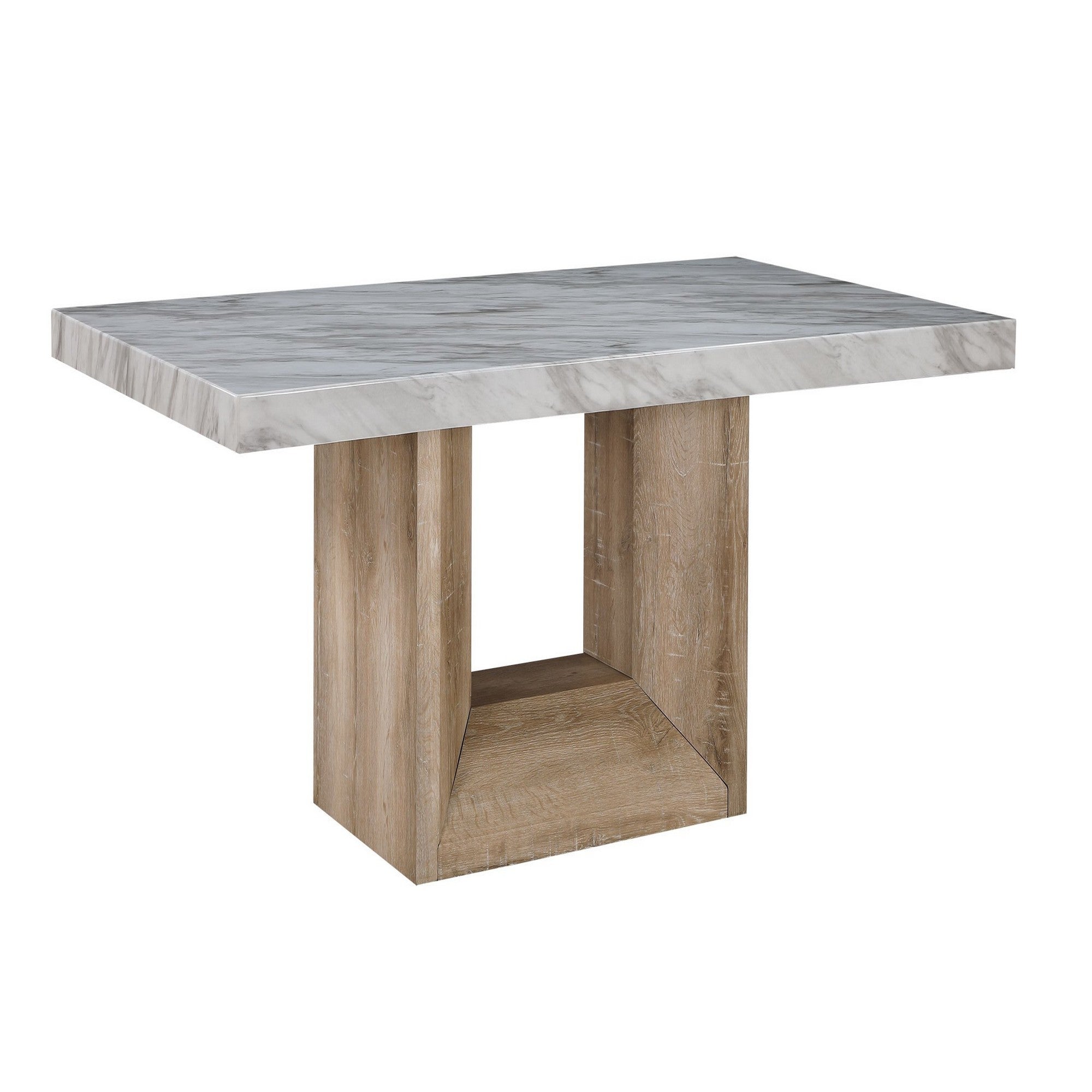 Angled view of faux marble dining table with natural wood look pedestal base, combining modern elegance and transitional style.