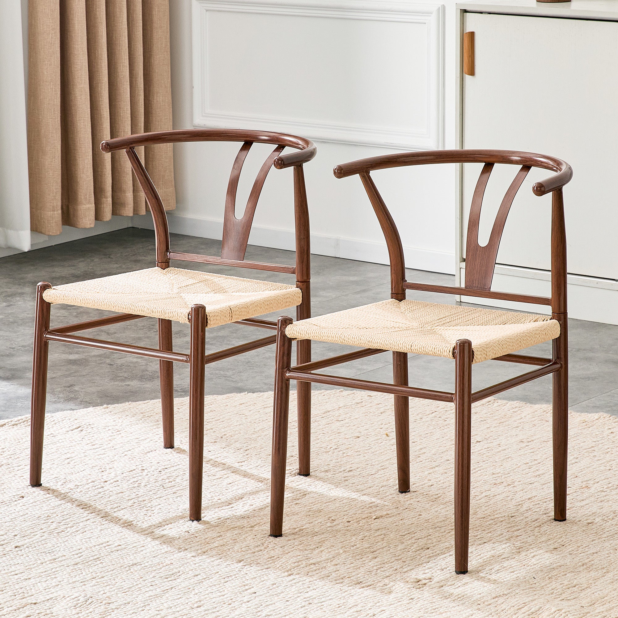 Wesborn Iron Y-Shaped Dining Chair with Woven Seat - Brown, Set of 2