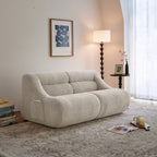 Beige memory foam 2-seater sofa in cozy living room with chenille fabric and side pocket, ideal for compact spaces and easy transport.