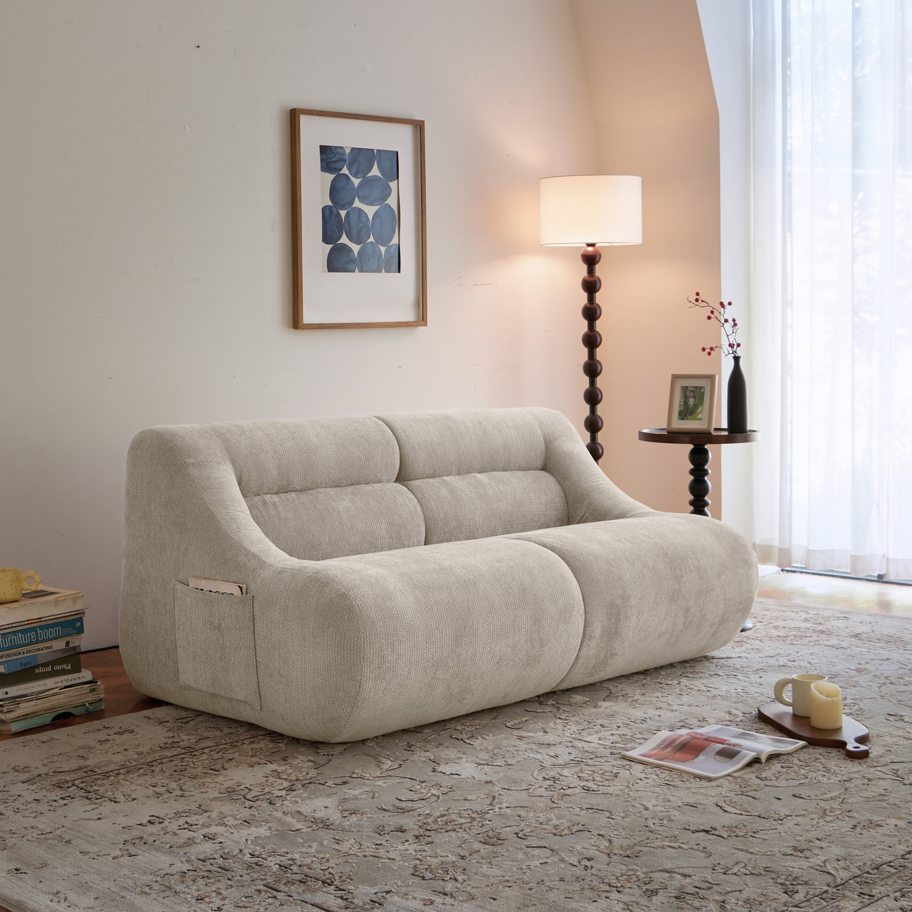 Beige memory foam 2-seater sofa in cozy living room with chenille fabric and side pocket, ideal for compact spaces and easy transport.