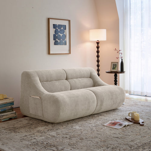 Beige memory foam 2-seater sofa in cozy living room with chenille fabric and side pocket, ideal for compact spaces and easy transport.