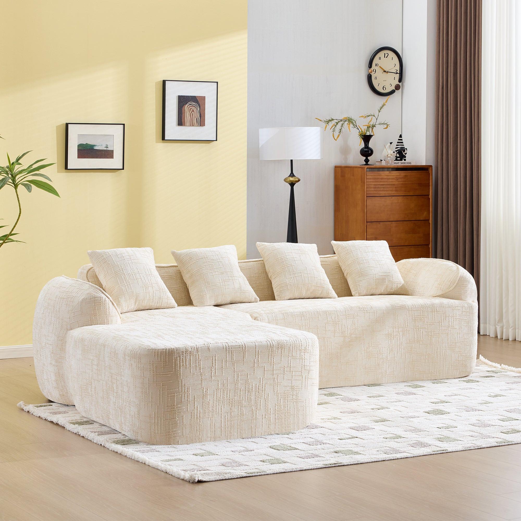 Comfortable Beige Chenille L-Shaped Sofa with Pillows.