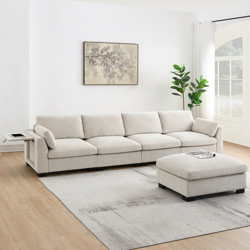 Modular Sectional Sofa - Dual Charging & Storage in a bright living room with ottoman, side table, and chenille fabric for cozy, functional seating.