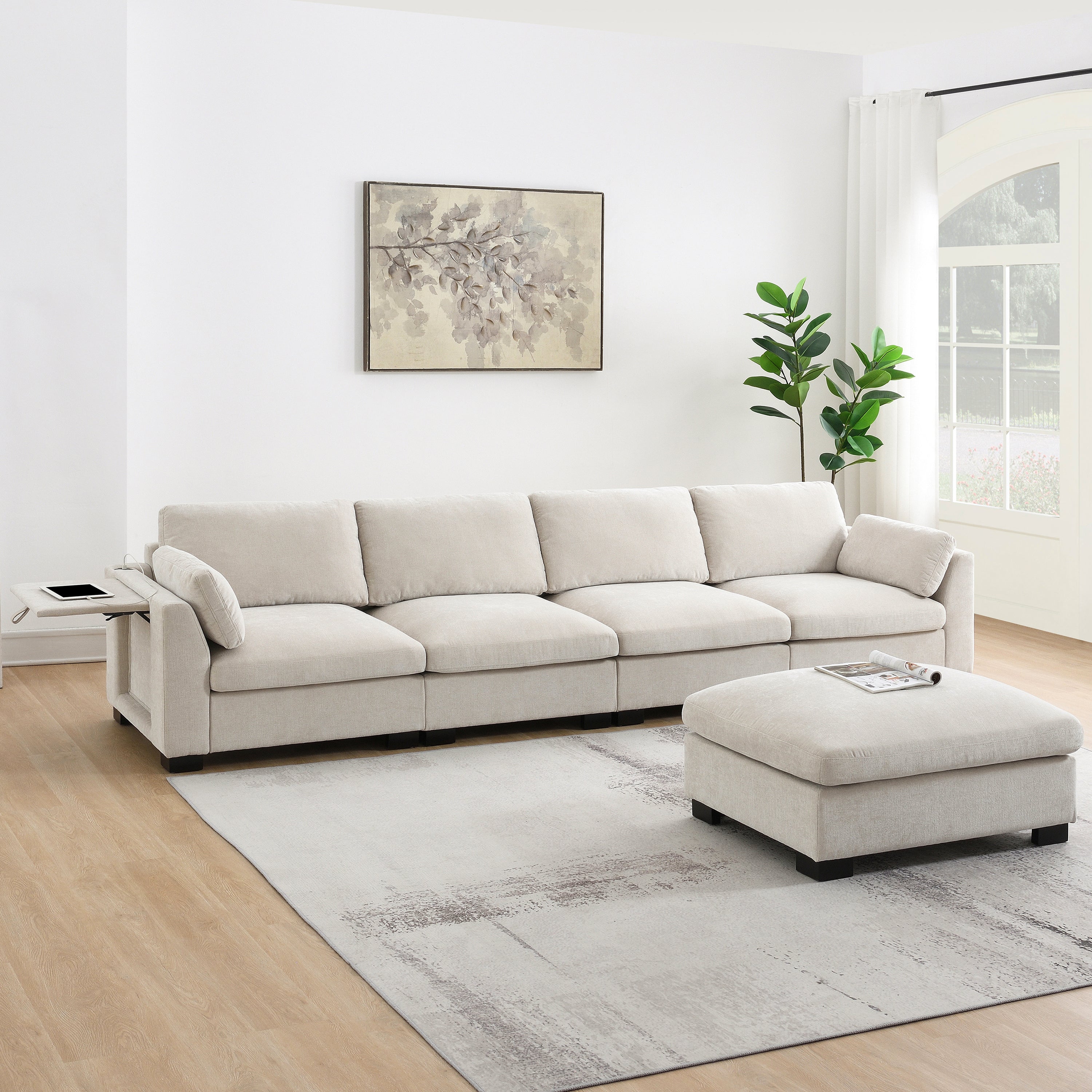Modular Sectional Sofa - Dual Charging & Storage in a bright living room with ottoman, side table, and chenille fabric for cozy, functional seating.