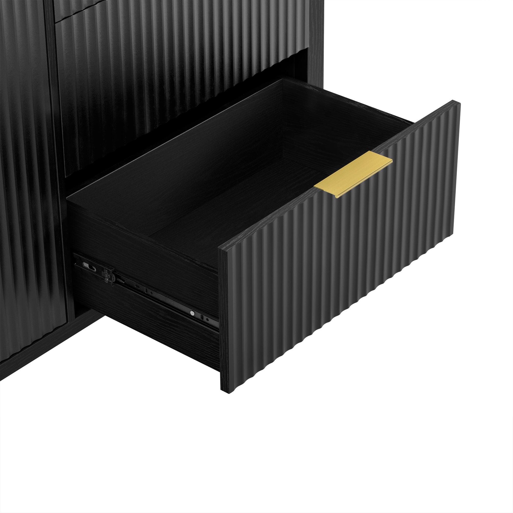 Open drawer of Modern Wave-Pattern Sideboard with gold handle, showcasing deep storage and textured black finish.