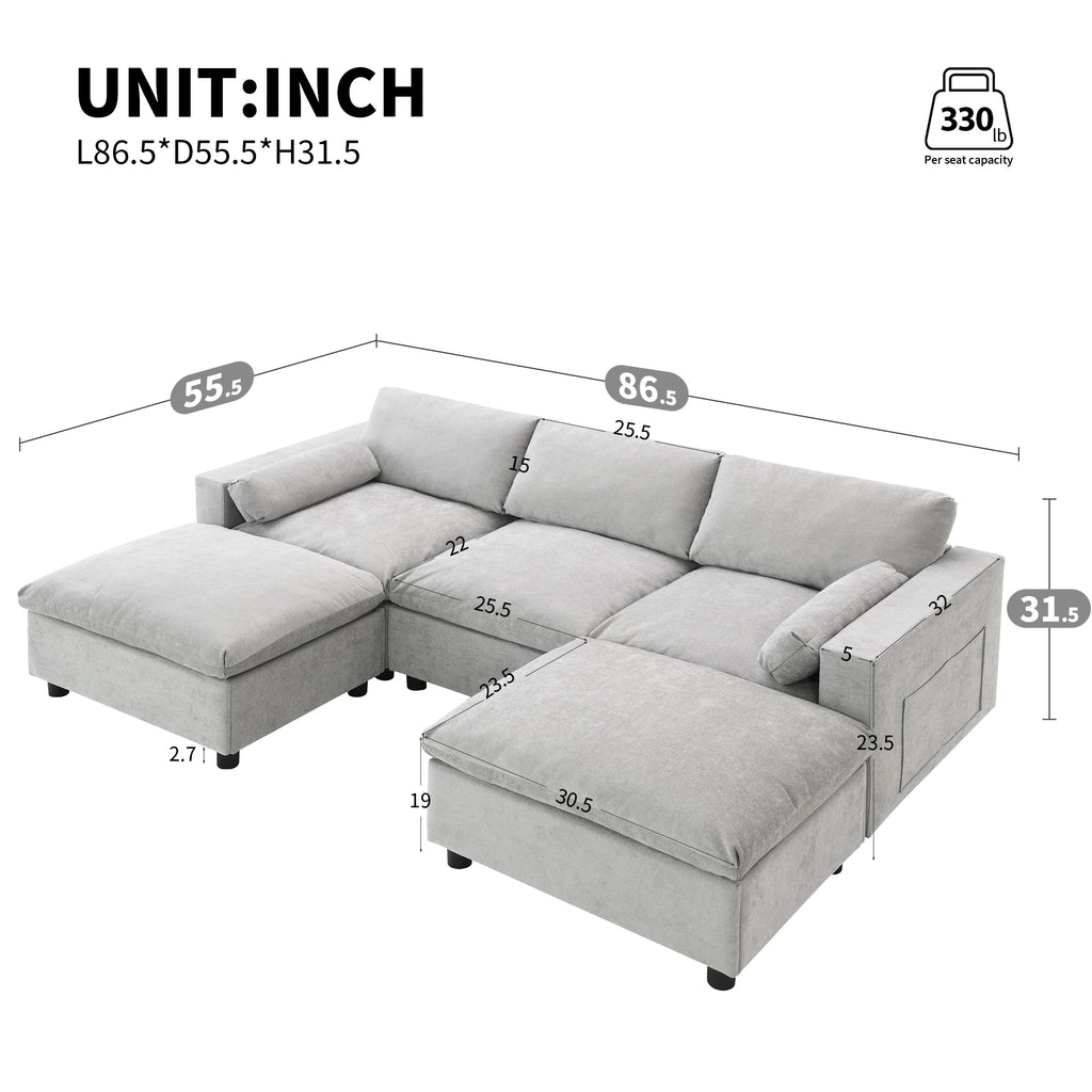 Chenille Modular Sofa - U-Shaped Couch with Storage dimensions in inches, highlighting seat depth, height, and overall size for accurate room planning.